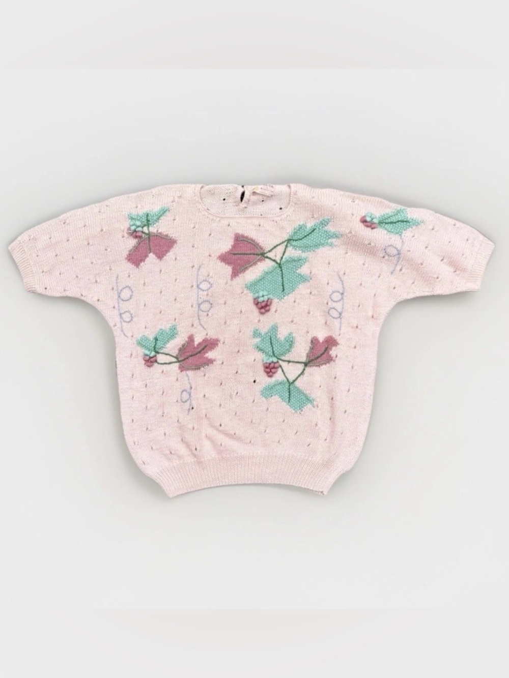 VTG 70s 100% Cotton Knit Sweater Pink Embroidery Wmns XL Cottagecore Granny Core